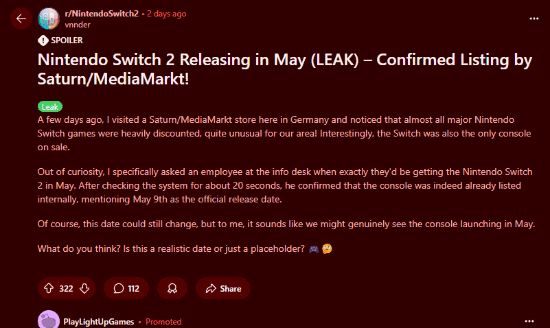 任天堂Switch 2或于5月9日发售 欧洲零售商内部清单曝光